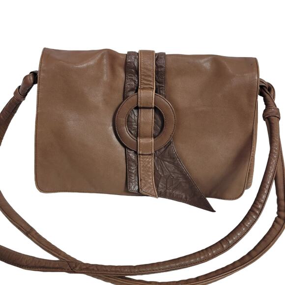 Leather Messenger Bag Vintage Brown Patchwork Pieced Shoulder Crossbody Slouchy - Picture 4 of 16